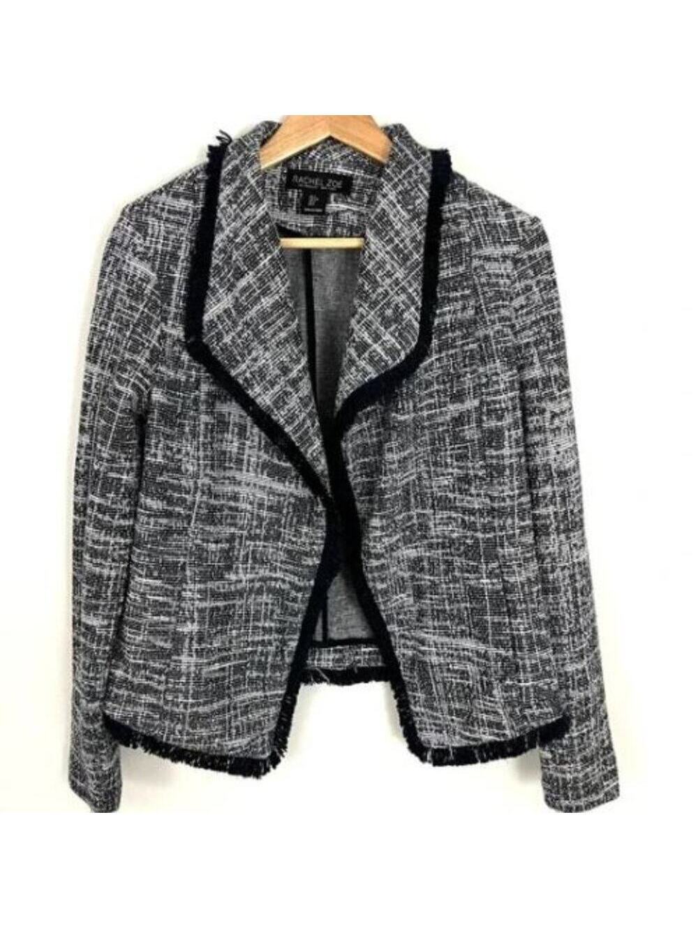 Rachel Zoe Tweed Fringe Jacket Black White Open Front Blazer Boucle Coat, XS - Picture 1 of 8